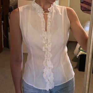 Anne Fontaine White Sleeveless Ruffled Placket Button-Down Top